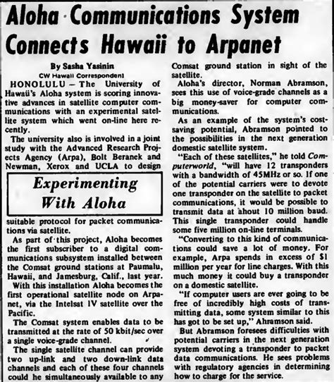 April 11, 1973: Hawaii's ALOHAnet system becomes the first satellite .